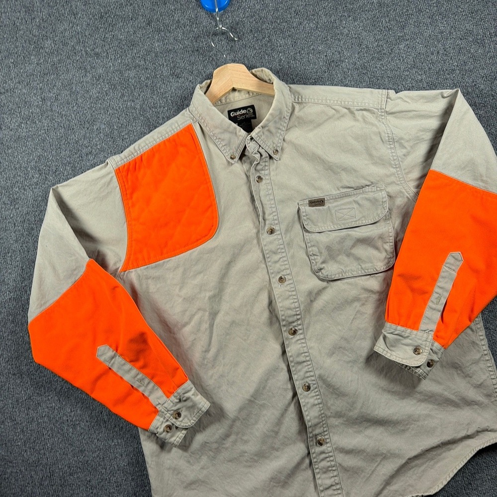 Vintage Guide Series Hunting Shirt Mens L Tan Blaze Orange Quilted Shoulder
